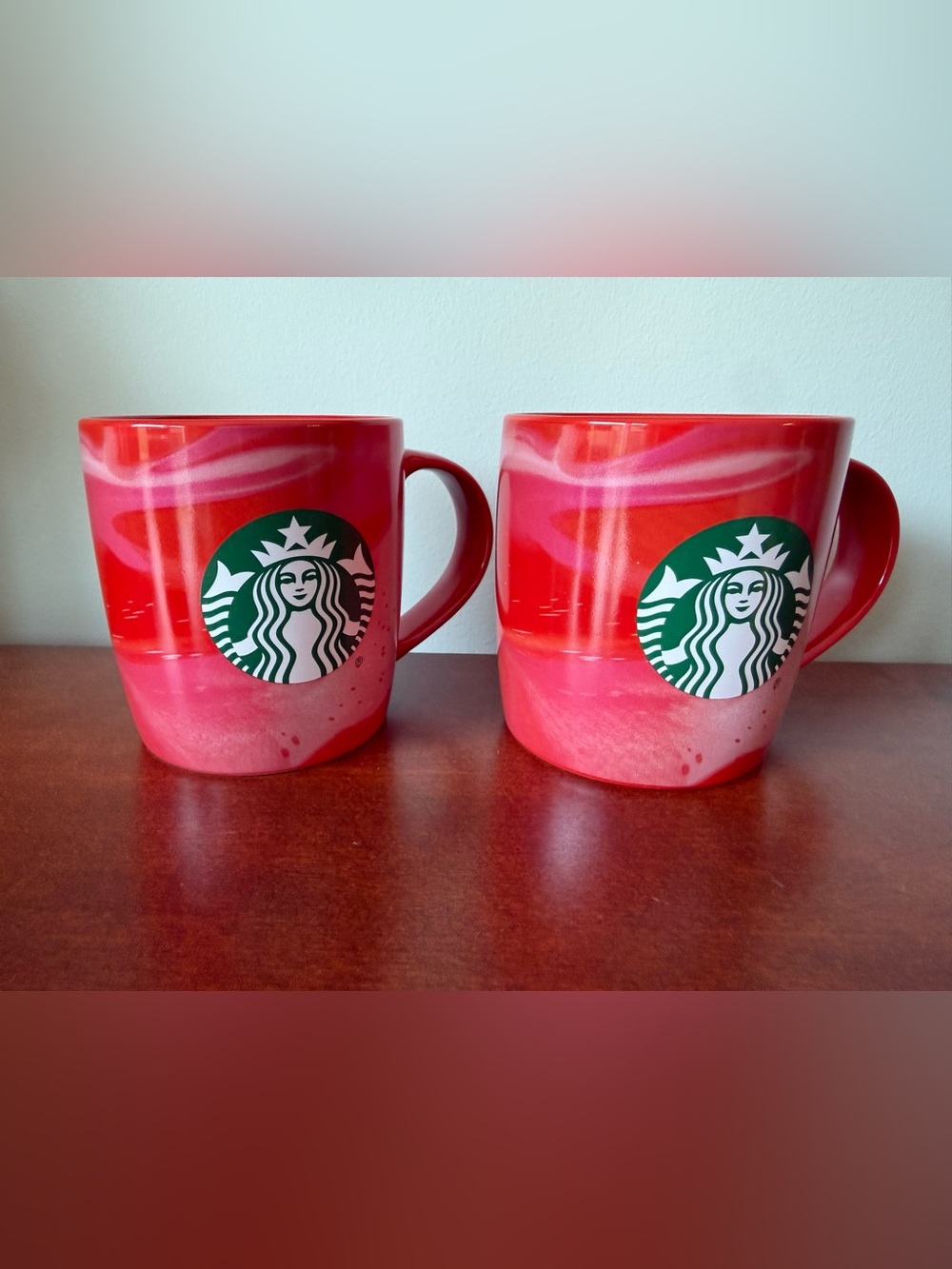 Starbucks Pink and Red Ombré Ceramic Mugs with Green Siren Logo